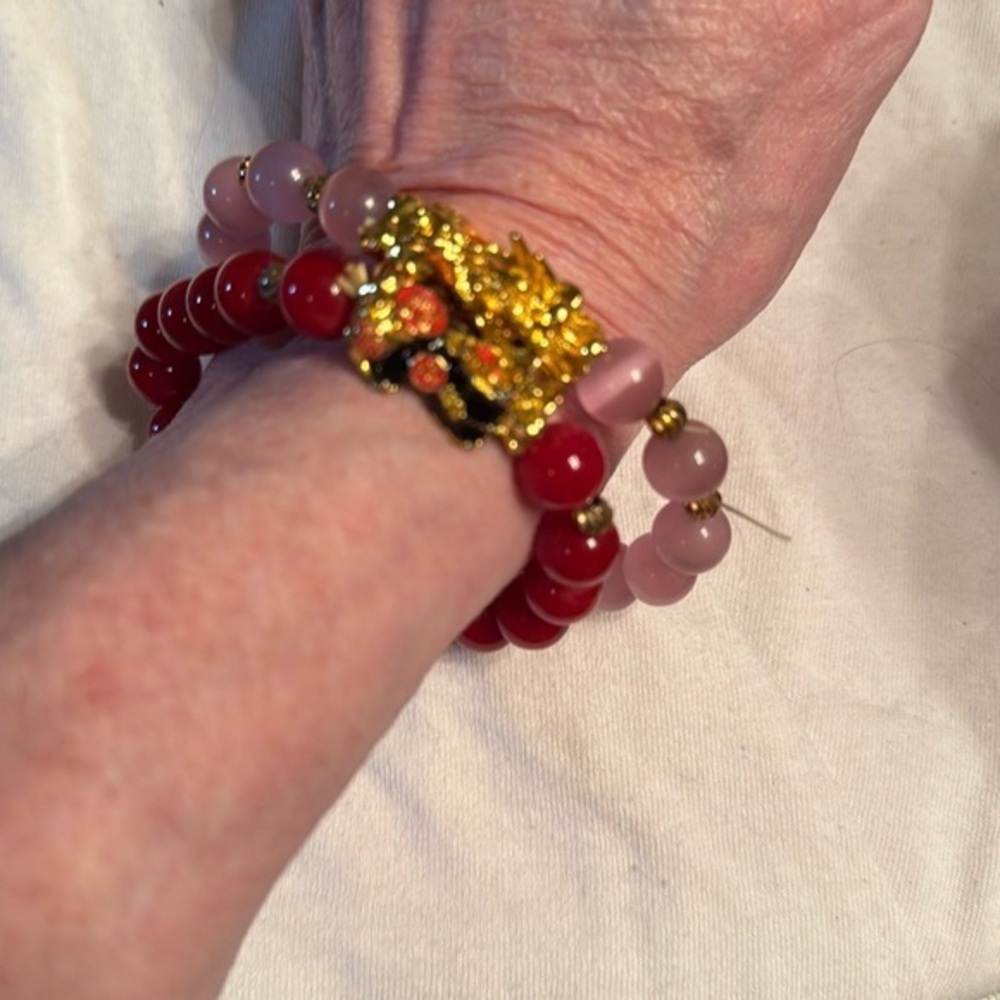 Elegant Pair of Red and Pink Beaded Dragon Bracelets